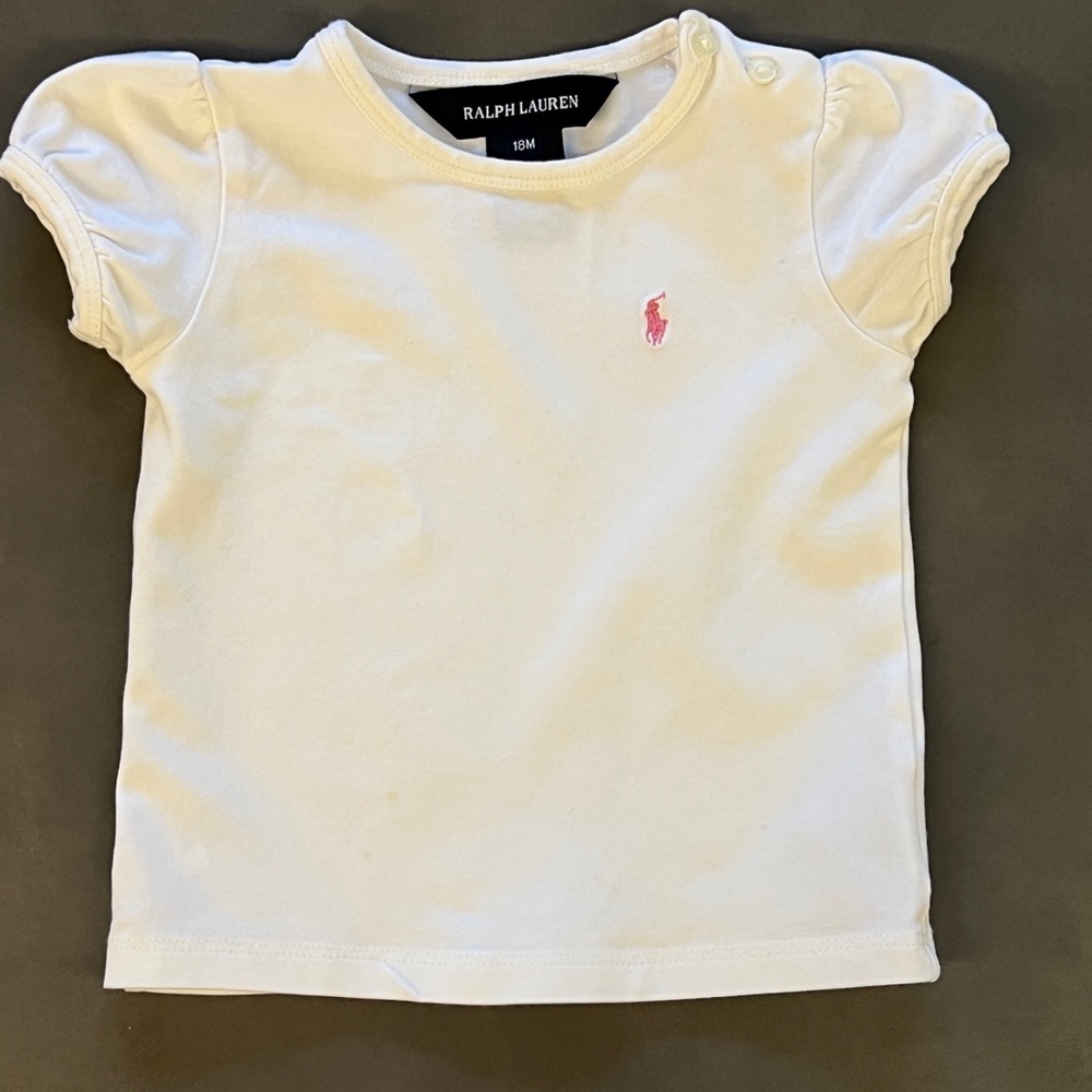 Ralph Lauren Girl's White T-Shirt Crewneck with Pink Logo Sz 18M